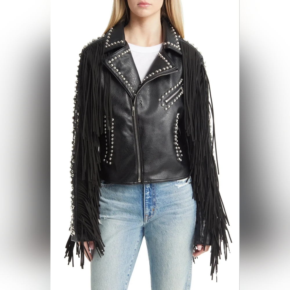 ~SOLD~ Dolls Kill Black Studded AZALEA WANG Ryder Fringe Faux Leather Jacket M - Picture 4 of 16